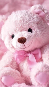 Pink plush teddy bear is positioned against soft backdrop
