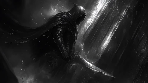 Shadowed knight stands ready in a storm of silver light.