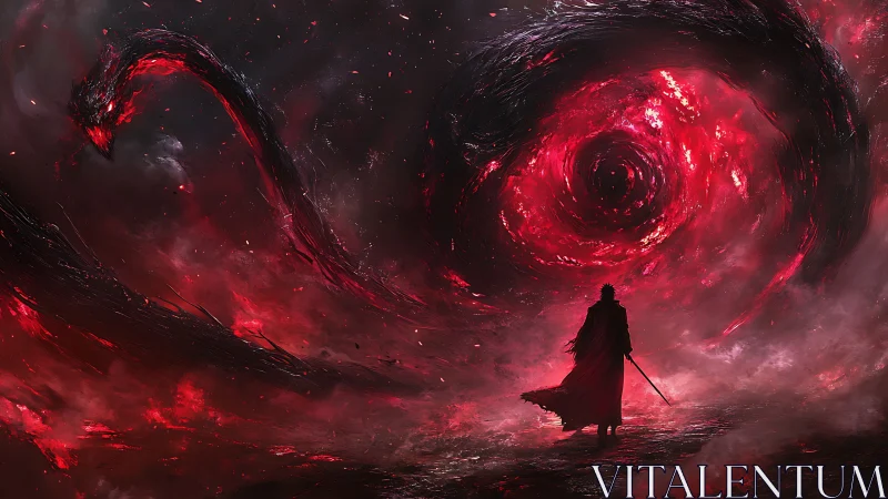 Sword-wielding wanderer confronts colossal red vortex serpent