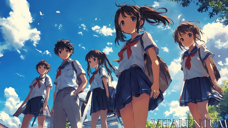 Group of anime students stand outdoors under bright sky