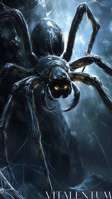 Giant cave spider looms over tangled web in cold blue light