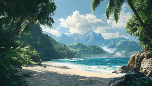 Tropical Coastal Landscape: Jagged Mountain Peaks and Turquoise Waters.