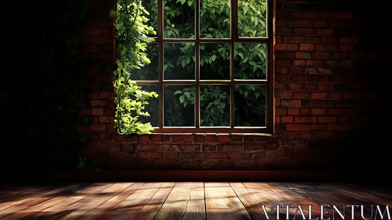 Photorealistic brick interior with verdant window framing.