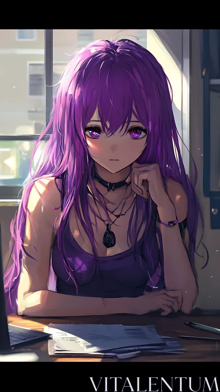 Purple haired daydreamer studies where sunlight lingers