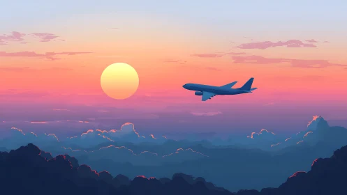 Jetliner silhouette crossing luminous pastel sunset sky.