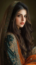 Portrait depicts woman in embroidered traditional attire