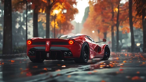 Scarlet supercar glides through rainlit autumn boulevard.
