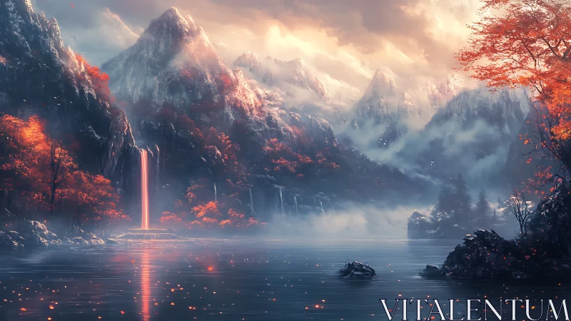 Autumn mist and glowing waterfall in a quiet mountain lake.