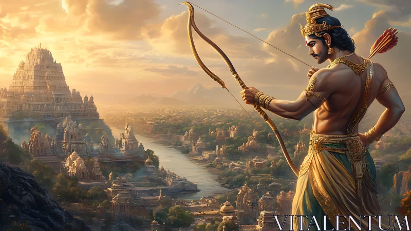 Sunlit epic archer guarding a mythic river kingdom panorama.