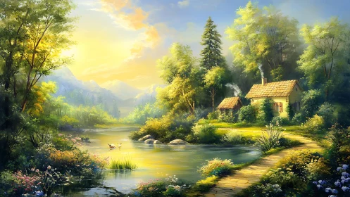 Sunlit forest cottage beside reflective river bend at dawn