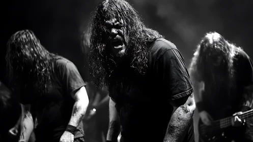 Metal band performance under high contrast stage lighting.