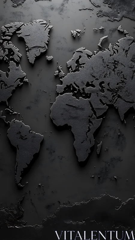 Textured black world map relief on matte charcoal surface.