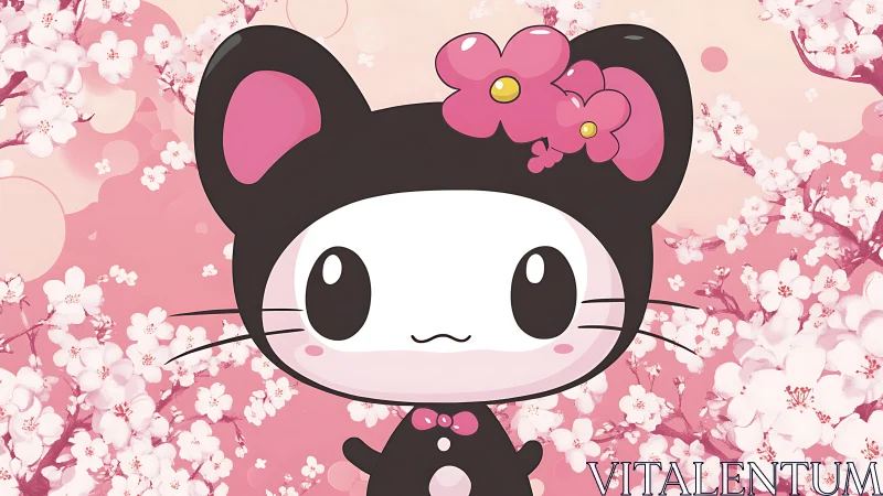 Cute black cat character with cherry blossom backdrop.