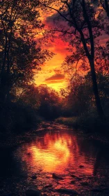 Fiery sunset sky reflects in tranquil forest river corridor