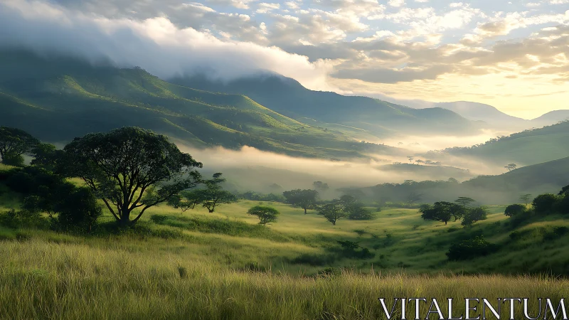 Whispered dawn mist rolling through emerald valley hills.