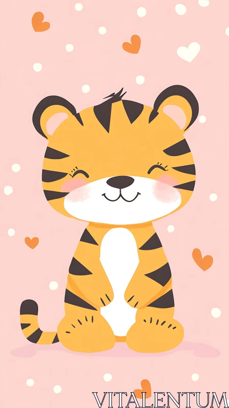 Smiling cartoon tiger on blush pink heart dotted background.