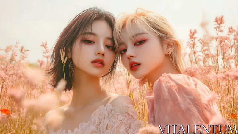 Twin female portraits in pastel meadow with cinematic soft focus