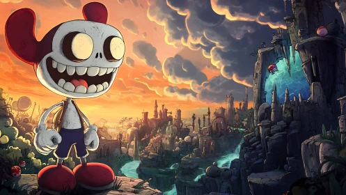 Cartoon skeleton mascot overlooks sprawling fantasy canyon