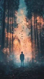 Silhouetted figure in misty forest under glowing twilight sky
