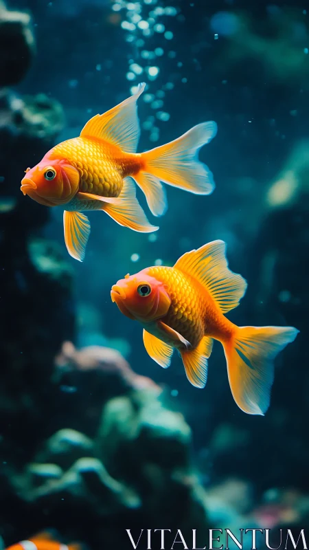 Goldfish duets drift through sapphire-tinted aquarium hush.