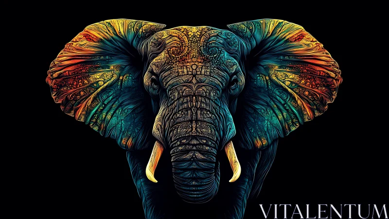 Prismatic elephant portrait blazing with tribal neon detail.