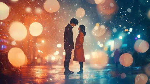 Romantic Urban Encounter Under Bokeh Lights.