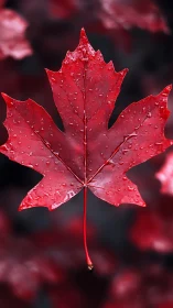 Red maple leaf with water droplets on blurred background.