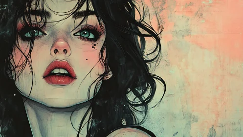 Dreamy teal-eyed portrait with windswept ink-black hair.