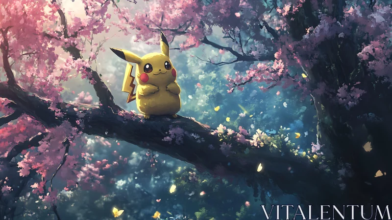 Gentle Pikachu enjoys a dreamy rest among cherry blossoms