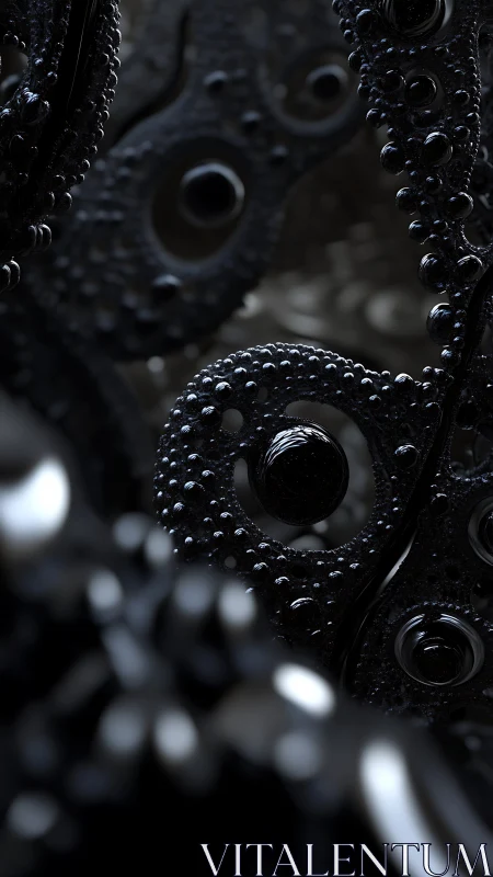 Glossy black macro fractal with perforated beadlike surfaces