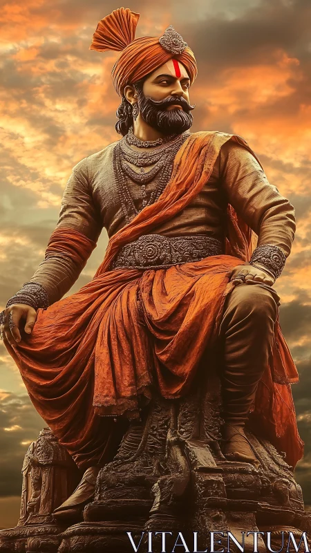 Sunset-forged warrior king gazes across a burning horizon