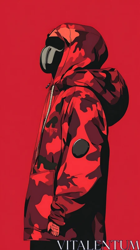 Hooded figure in red camo jacket stands against flat red field