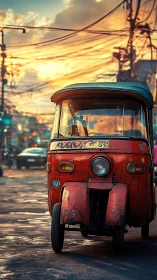 Rusty tuk-tuk under tangled wires at warm sunset street.