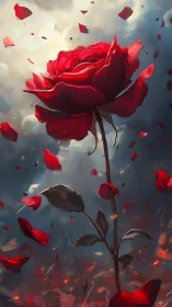 Stormlit crimson rose rising through falling embers and sky.