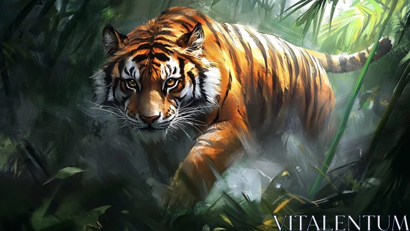 Confident jungle tiger stepping softly through misty light.