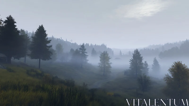 Misty Forest Valley: Ethereal Coniferous Landscape with Atmospheric Depth.