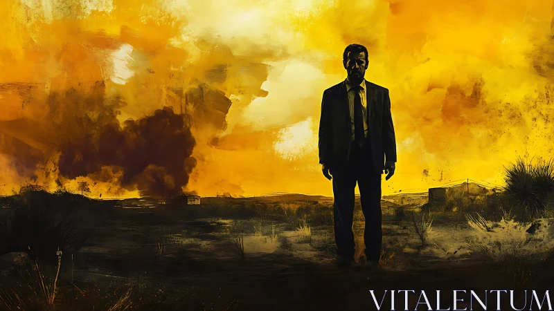 Man in suit stands in scorched desert under yellow sky.