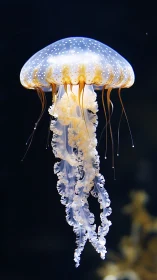 Bioluminescent jellyfish drifts through deep blue water.