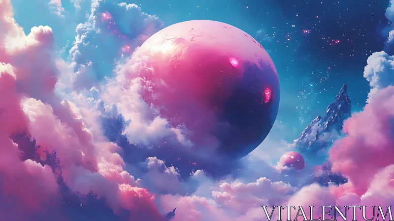 Chromatic gas-giant spheres suspended in nebular cloudscape.