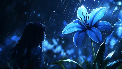 Nocturnal rainfall study with luminous blue lily profile.