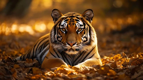 Amber-eyed forest tiger resting in a crown of autumn gold.