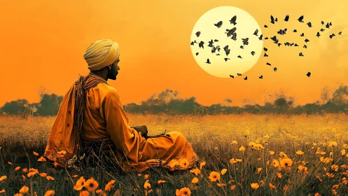 Man in orange robe sits in flower field at sunset