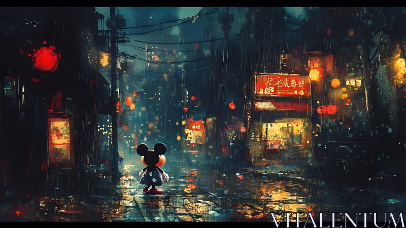 Cartoon mouse walks alone through rainy neon city street
