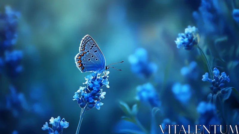 Blue butterfly rests on lavender spike in cool macro bokeh