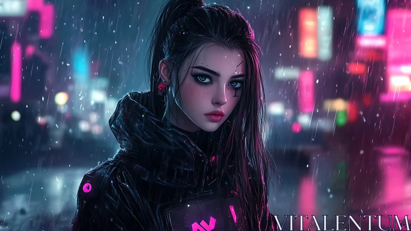 Cyber-noir heroine stands in neon rain with reflective armor