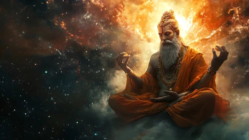 Celestial sage meditates in a blazing cosmic sunrise of stars