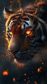 Ember-eyed tiger drifts through sparks and midnight smoke.