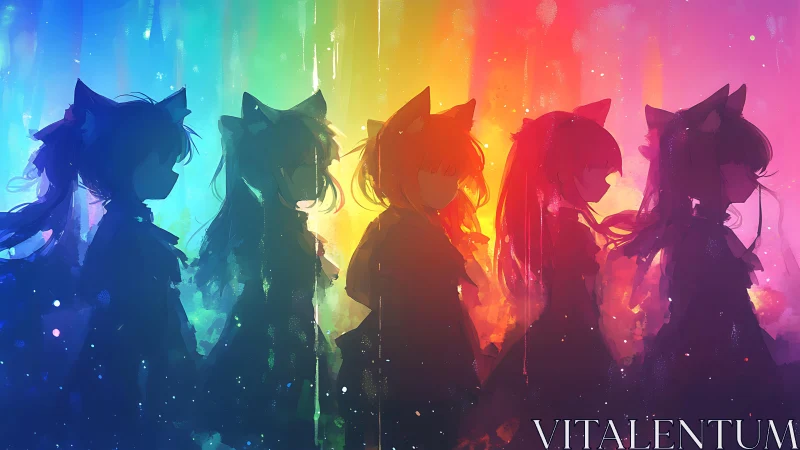 Chromatic cat-eared silhouettes crossing a nebula dusk.