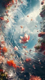 Whirling floral torrent encircling drifting petals in light.