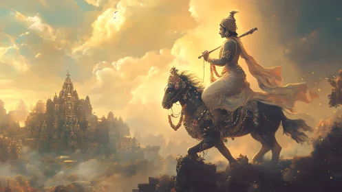 Divine rider crossing misty valley toward golden temple.